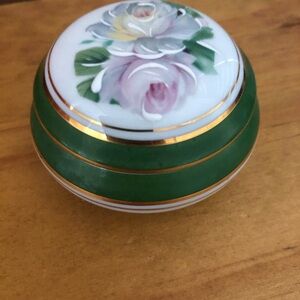 Limoges Green and Gold Porcelain Trinket Box with Floral Design - Rehausse